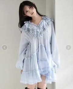 Physical Drop スタンドカラープリンセスドレス水色×白ピコフリル