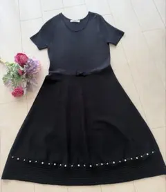 春ニットワンピース 半袖 リボン付き