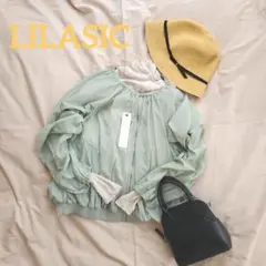 【新品】LILASICナイロンノーカラーギャザーブルゾン グリーン