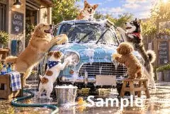 洗車を頑張る犬たち デジタルアート イラスト ポストカード