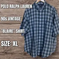 90s ラルフローレン BLAIRE 半袖 チェックシャツ 緑青 XLのサムネイル