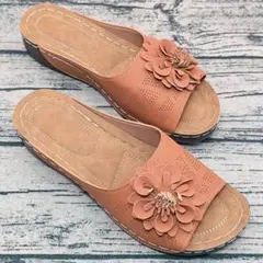サンダル ミュール フラワーモチーフ ブラウン 25.0cm 幅広 レディース