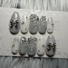 シルバーフラッシュネイルフレンチガーリーリボンネイルチップ