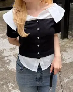 continuer de NICE CLAUPシャツフェイクオフショルトップスのサムネイル