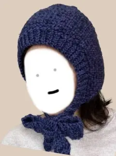 ⇒ハンドメイド｜ ボンネット ニット帽 リボン かぎ編み ネイビー
