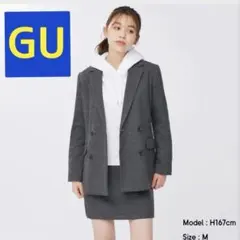 【美品】GU ダブルブレスト テーラードジャケット チェック M ダークグレー