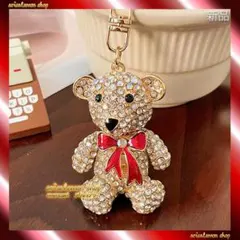 超人気新品★クマさん(ゴールド)★リボン(赤)★キーホルダー★バッグチャーム