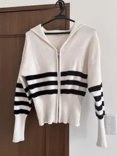ストライプニットカーディガン フード付き