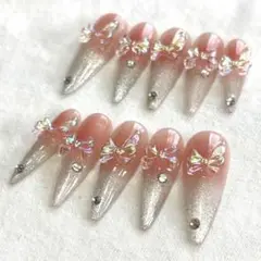 【値下げ・量産型ガーリーネイル】オーロラリボン×グラデーション♡推し活／現品1点