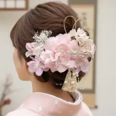 桜ピンク〜和装花髪飾り〜結婚式　成人式　卒業式　振袖　ヘアアクセサリー　リボン
