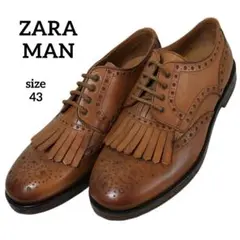 【ZARA MAN】ブラウンレザー フリンジ付 ウィングチップ シューズ 43