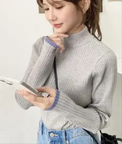 moment+◇ボトルネック配色ラインワイドリブニットプルオーバー