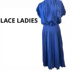 美品 レースレディース プリーツワンピース ネイビー L 春夏 ウエスト切替