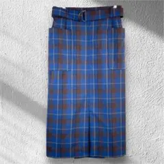 チェックタイトスカート VIS 前スリット ベルト付 M ブルー 通勤 606