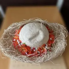 フラダンス　タヒチアン　髪飾り　ハット　帽子　レイポー　ベージュ系