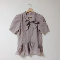 ★美品★イネド 日本製 リボン付き薄紫半袖ブラウス コットン混【7/S】