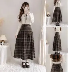 美シルエット　チェック柄フレアスカート ブラウン ロング丈 ガーリー