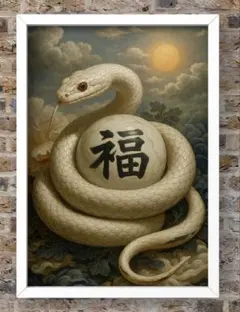 福の玉を抱く幸福の白蛇 額縁付き 開運グラフィックアート