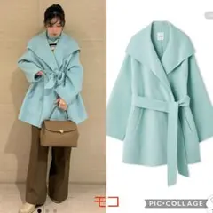 新品タグ付　共ベルト付きビックカラーミディ丈コート　水色　Mila Owen
