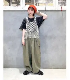 ニコアンド　マクラメフリンジベスト 淡色系 カジュアル アイボリー