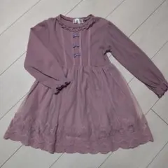 薄紫　リボンとチュールレース付長袖リブワンピース　120cm