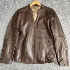 【美品】NO ID カウレザーVネックシングルライダースJKT 茶 3 牛革のサムネイル