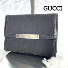 【美品】 GUCCI グッチ 三つ折り 財布 GGキャンバス ロゴプレート 黒
