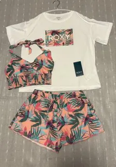 ROXY トロピカル柄水着　ブラトップ　ショートパンツ　Tシャツ　3点セット　M