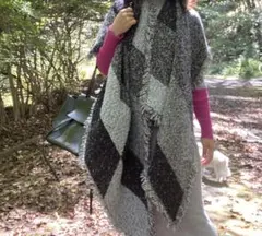 大判　ストール　フリンジ　ケープ　マフラー　グレー　配色　新品