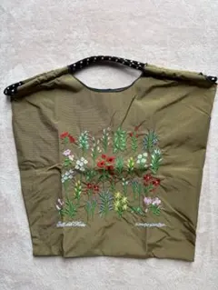 エコバッグ 花柄刺しゅう ボールアンドチェーン ストラップ無し M カーキ