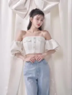 Darich　パフスリーブオフショルツイードトップス アイボリー