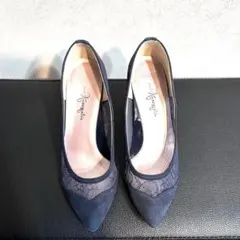 銀座かねまつパンプス 23cmB ネイビーレースシアーポインテッドトゥ上品
