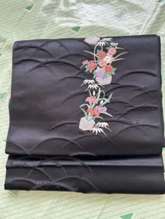 名古屋帯 黒 花柄刺繍