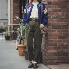 VINTAGE レトロ ウール長袖ニットカーディガン 花柄刺繍 金ボタン 裏地付