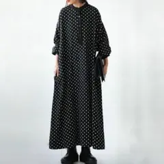 L ロングワンピース ドッキング 夏 春 マキシ丈 ドット柄 黒 a1