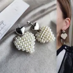 1136-S＊メタルシルバー つぶつぶ パール ダブル ハート