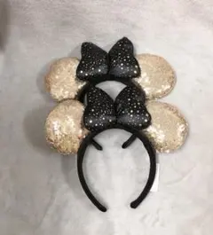 海外ディズニー ゴールドスパンコール 黒星リボン カチューシャ 海外限定 ２点