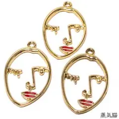 c0355 フェイスチャーム ゴールド4個【赤いリップ 顔 素材】