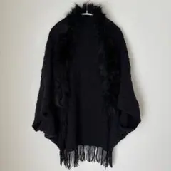ファー付きポンチョ ケープ マント ブラック フリンジ レディース