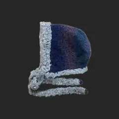 ボンネット型帽子 ブルーグラデーション×ふわふわグレー ハンドメイド 編み物