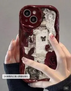 iPhone xs用ケース ボルドー 薔薇 蝶 レース デコレーションのサムネイル
