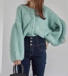 ヘザー　モヘアライクショートニットカーディガン　ブルー