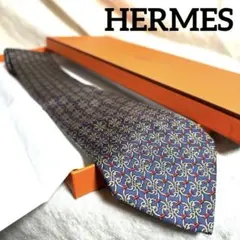 HERMESエルメス✨ネクタイ モダン柄チェーン柄 青ネイビー紺 高級シルク