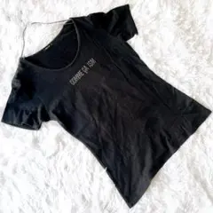 コムサイズム ラインストーン Tシャツ 黒 L 半袖 綿100 ロゴ カットソー