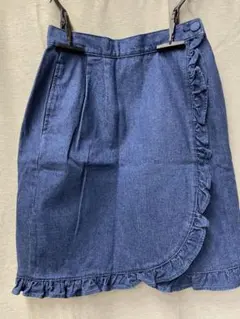 ダークブルー フリル付きデニムスカート 巻きスカート