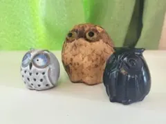 フクロウの陶器彫刻セット　3点セット　竹製、陶器製、石材製
