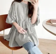 classical elfグレー系五分袖 ティアードチュニック ブラウス