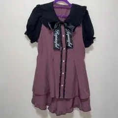 ロリーター　地雷系　フリル襟　リボン付き　パープル　ドレス　セットアップ　L