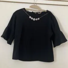 earth music&ecology ビジュー付き 五分袖カットソー 黒 F