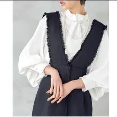 ★試着のみ★タイパールチェーンボリューム袖ブラウス＆ツイードジャンパースカート